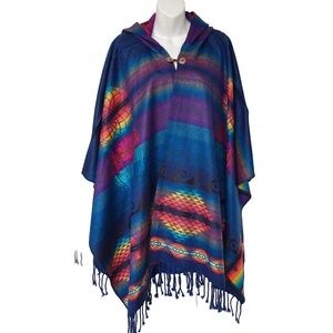 Inka's World Cape Ponch Hood Cotton Wool Blend Bright Rainbow Ecuador Boho